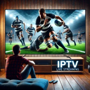 A dynamic and exciting image showcasing a rugby match on a large modern TV screen, with a close-up of intense gameplay featuring players tackling and